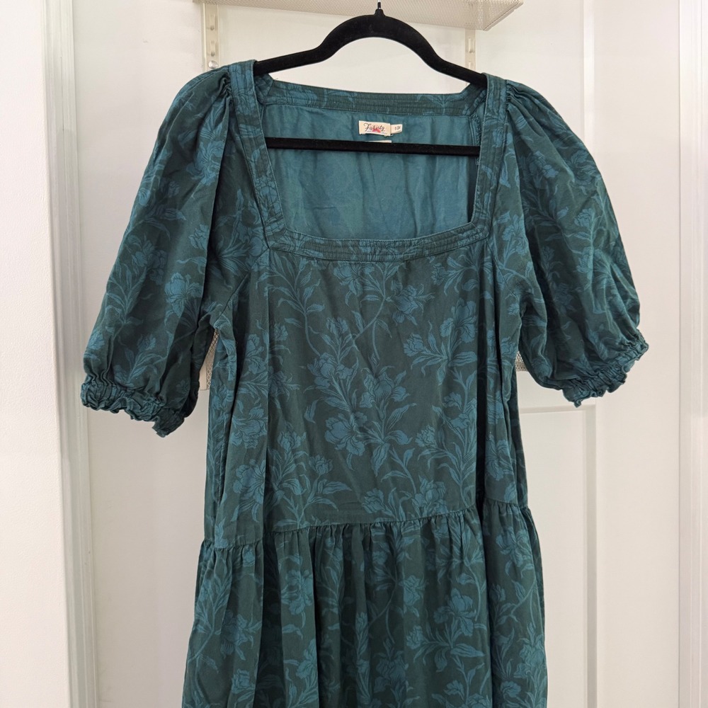 Faherty Somerset Maxi Dress Teal Floral Organic Cotton Square Neck Puff Sleeve S - Picture 2 of 8
